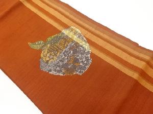 手織り紬縞に抽象草花模様織出し名古屋帯